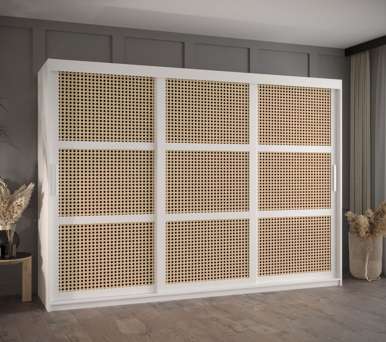 Eleganter Kleiderschrank Kasbek 11, Weiß Matt, Maße: 200 x 250 x 62 cm, mit Führungen aus Aluminium, Griffe: Silber, 10 Fächer, 2 Kleiderstangen