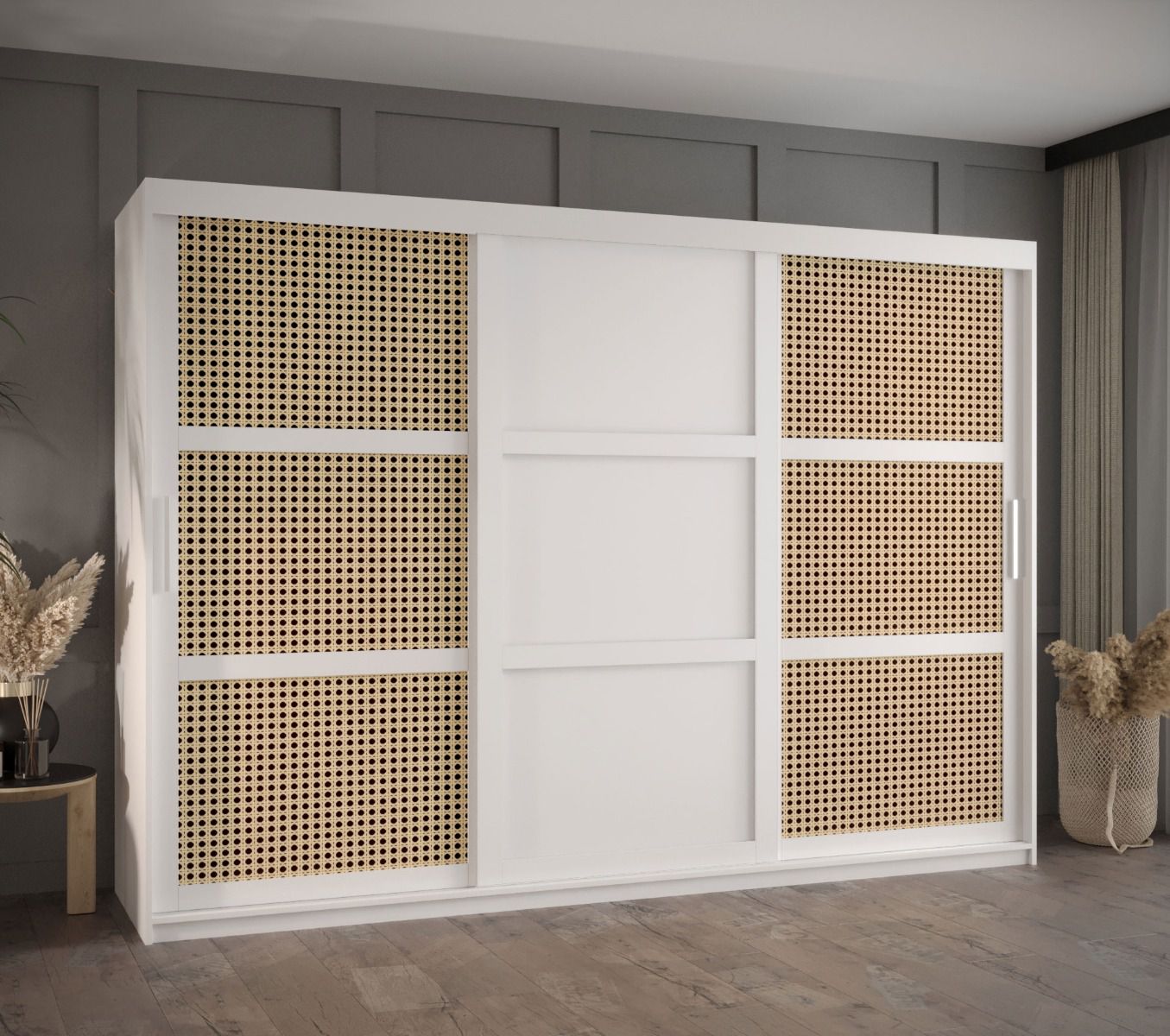 Schiebetürenschrank im schlichten Design Kasbek 35, Weiß Matt, Maße: 200 x 250 x 62 cm, für Schlafzimmer, 2 Kleiderstangen, 10 Fächer