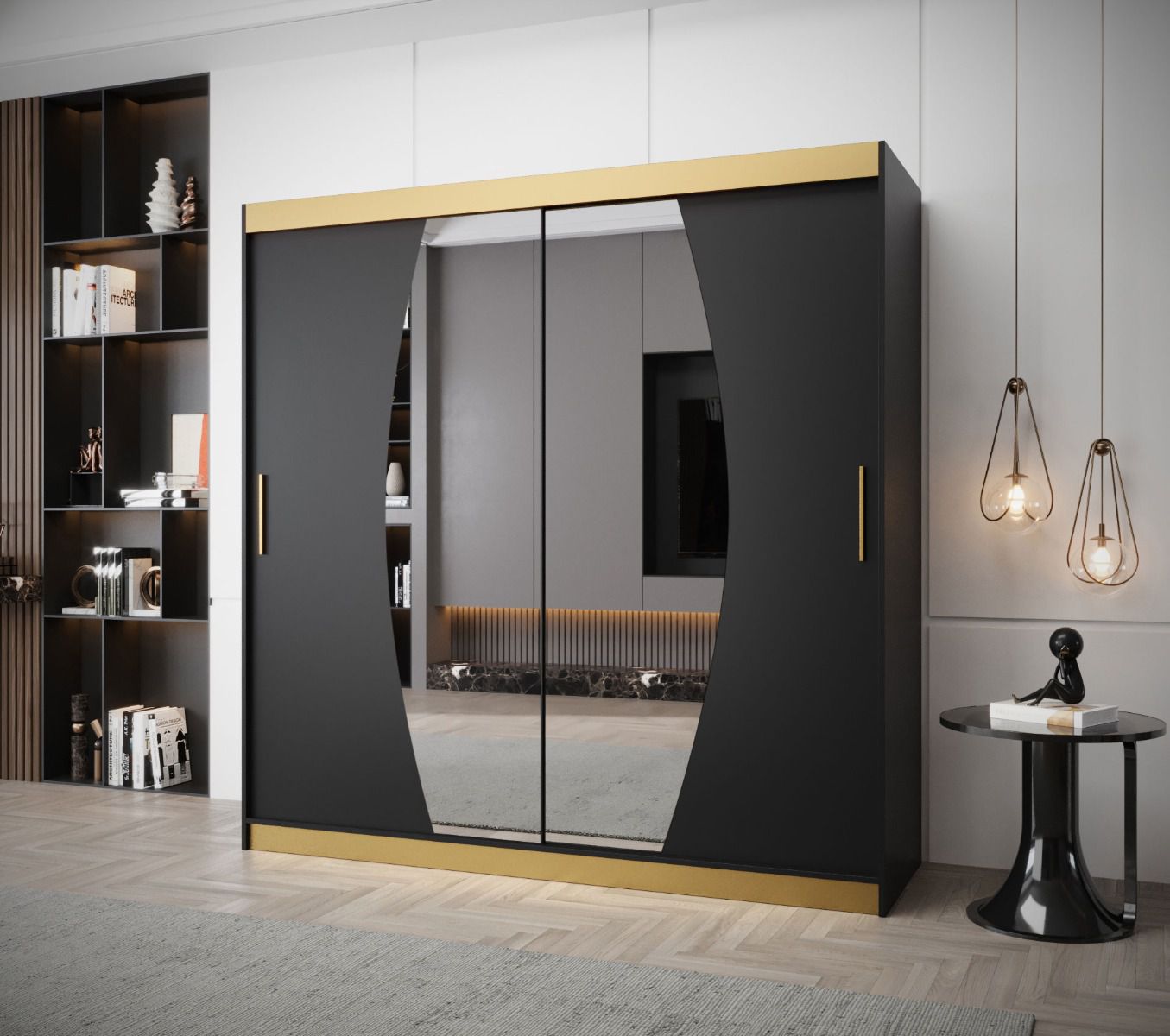 Kleiderschrank / Schiebetürenschrank im eleganten Design Schwarzhorn 15, Schwarz Matt, Griffe: Gold, mit Spiegel, Maße: 200 x 200 x 62 cm, 10 Fächer