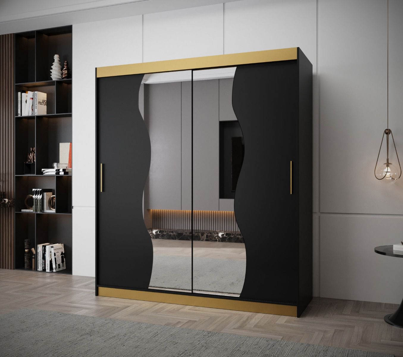 Dunkler Kleiderschrank / Schiebetürenschrank Lenzspitze 12, Schwarz Matt, Maße: 200 x 180 x 62 cm, mit Spiegel, Griffe: Gold, 10 Fächer