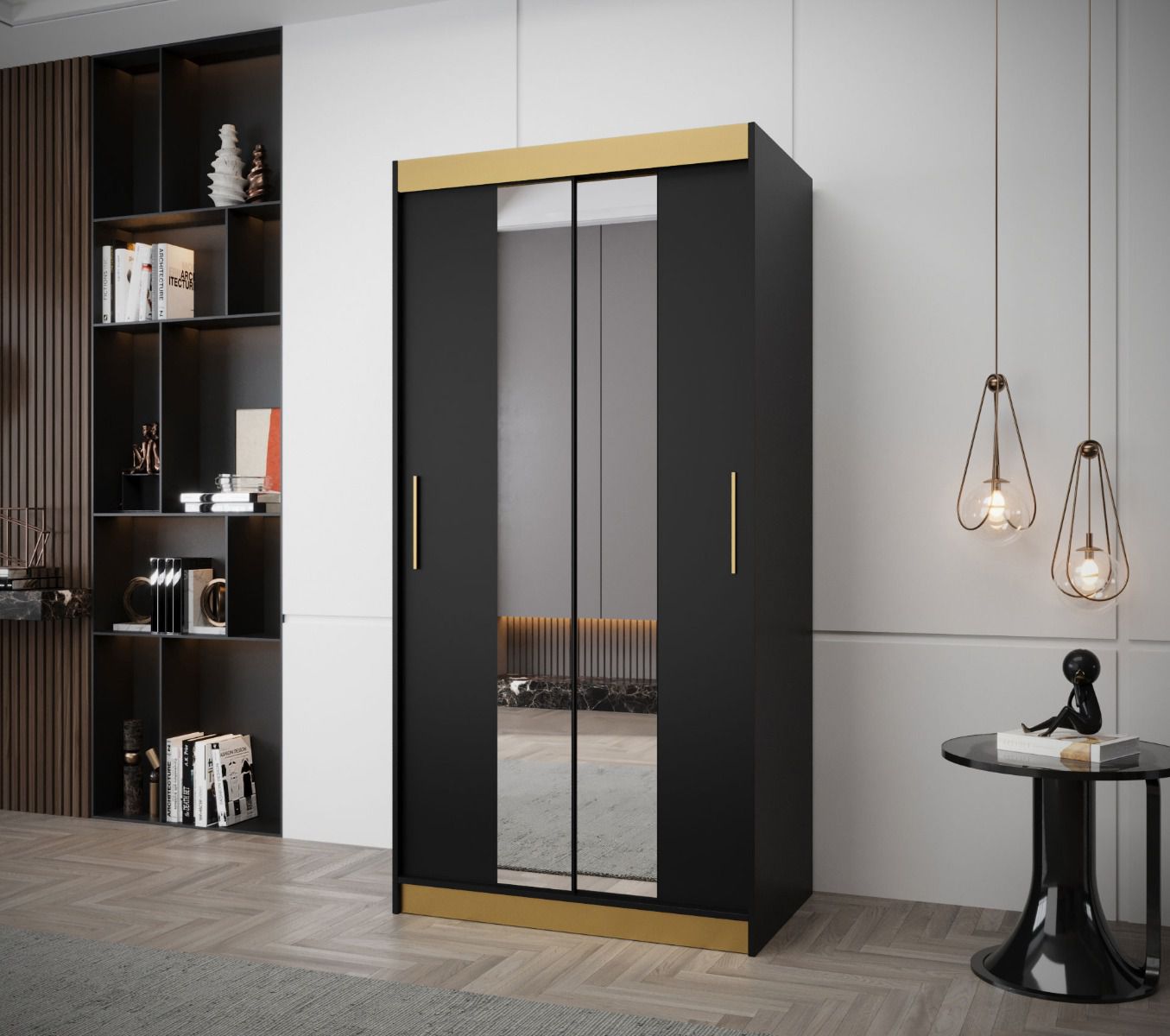 Kleiderschrank mit Spiegel Bernina 03, Schwarz Matt, Maße: 200 x 100 x 62 cm, mit fünf Fächer, zwei Kleiderstangen, Griffe: Gold