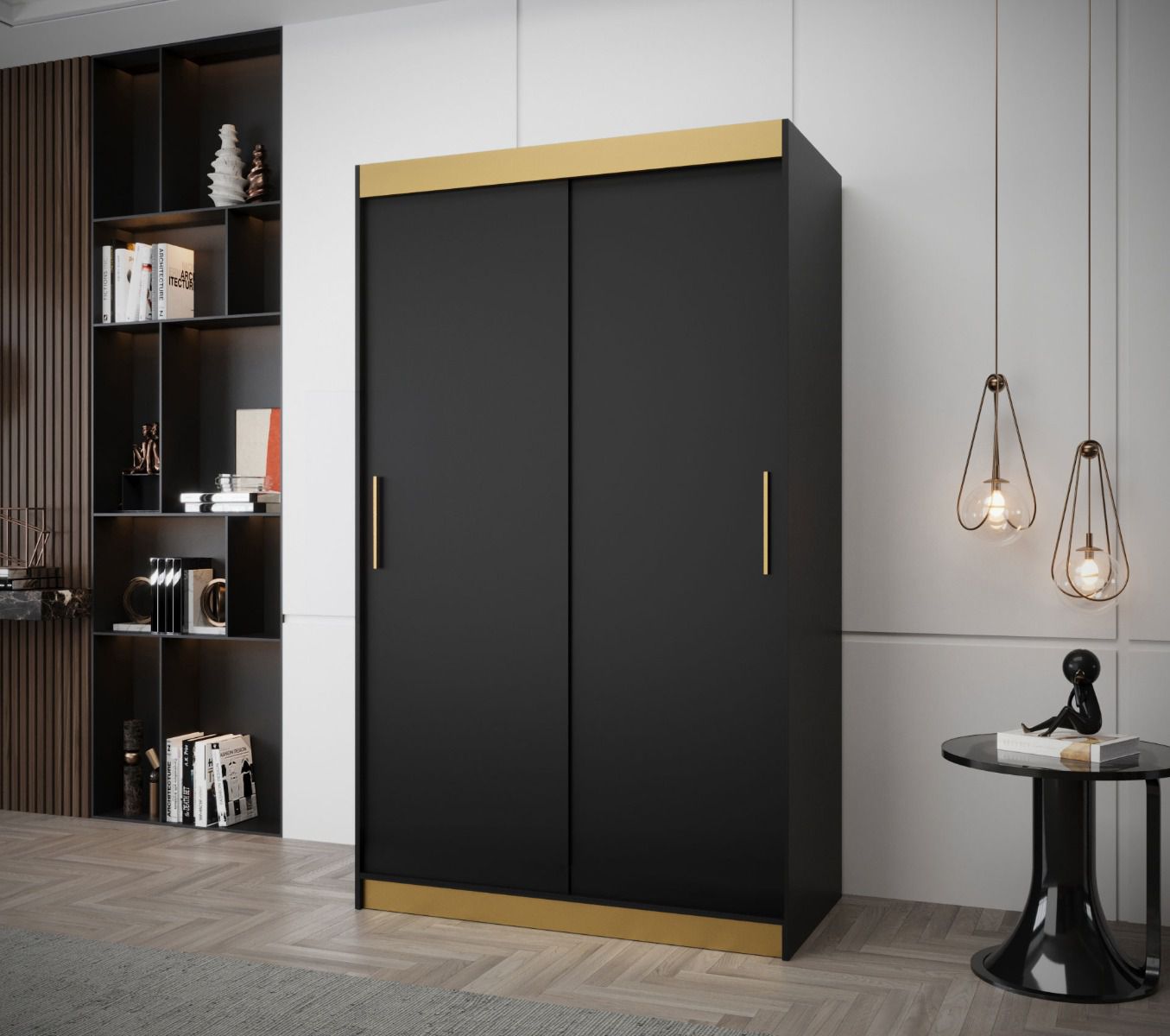 Eleganter Kleiderschrank Bernina 60, Schwarz Matt, Maße: 200 x 120 x 62 cm, fünf Fächer, zwei Kleiderstangen, Griffe: Gold