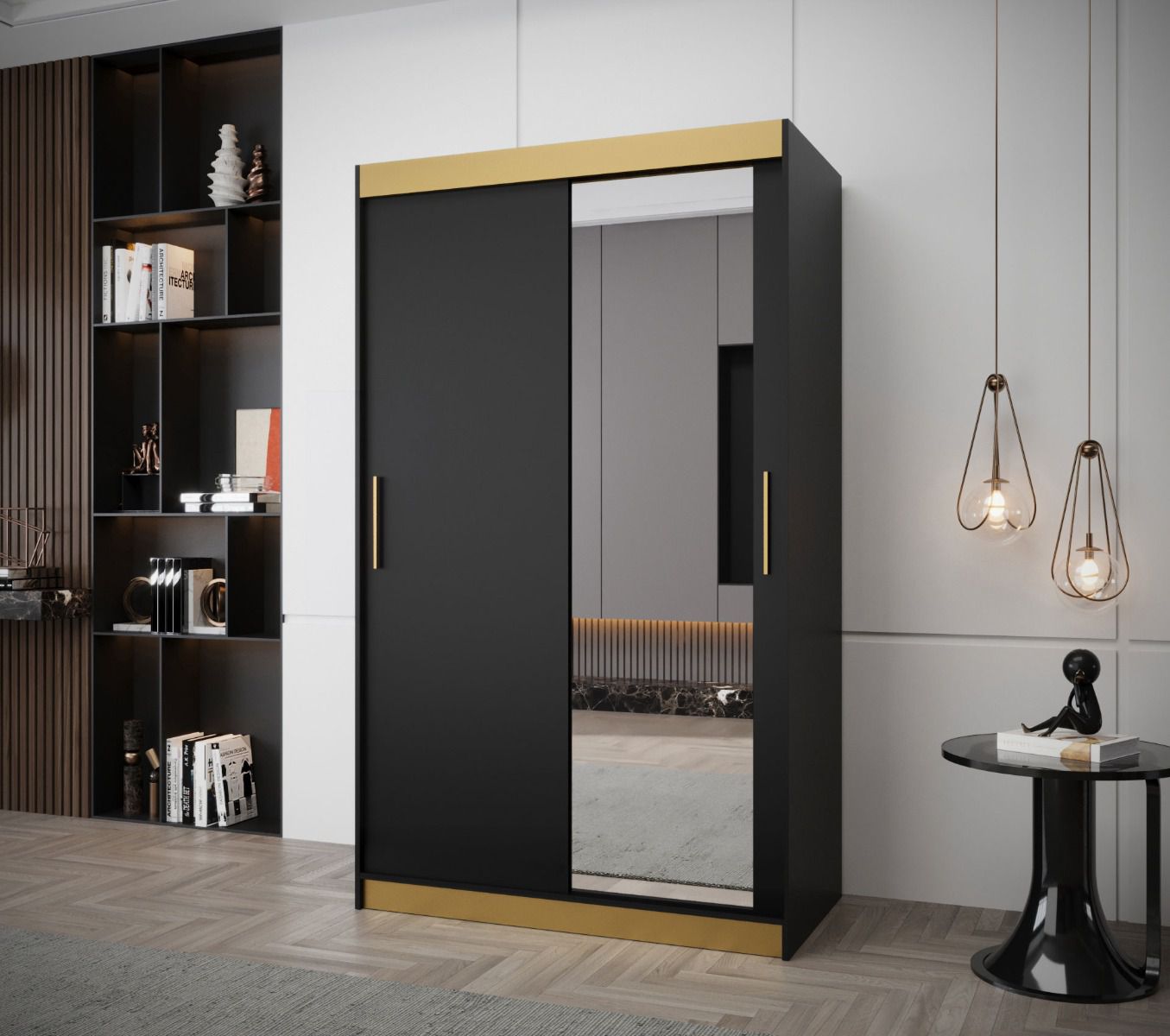 Schiebetürenschrank / Kleiderschrank mit Spiegeltür Bernina 24, 2 Kleiderstangen, Schwarz Matt, Maße: 200 x 120 x 62 cm, Griffe: Gold