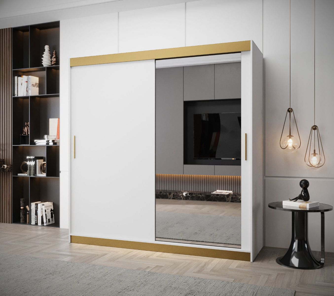 Kleiderschrank im modernen Design mit Spiegeltür Bernina 31, Weiß Matt, Griffe: Gold, Maße: 200 x 200 x 62 cm, mit genügend Stauraum