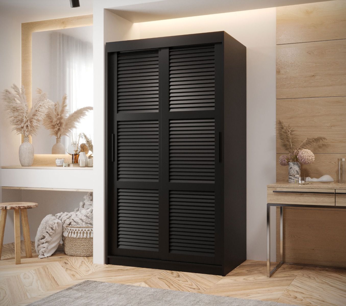 Schlichter Kleiderschrank Täschhorn 02, Schwarz Matt, Maße: 200 x 100 x 62 cm, 2 Kleiderstangen, mit Führungen aus Aluminium, 5 Fächer