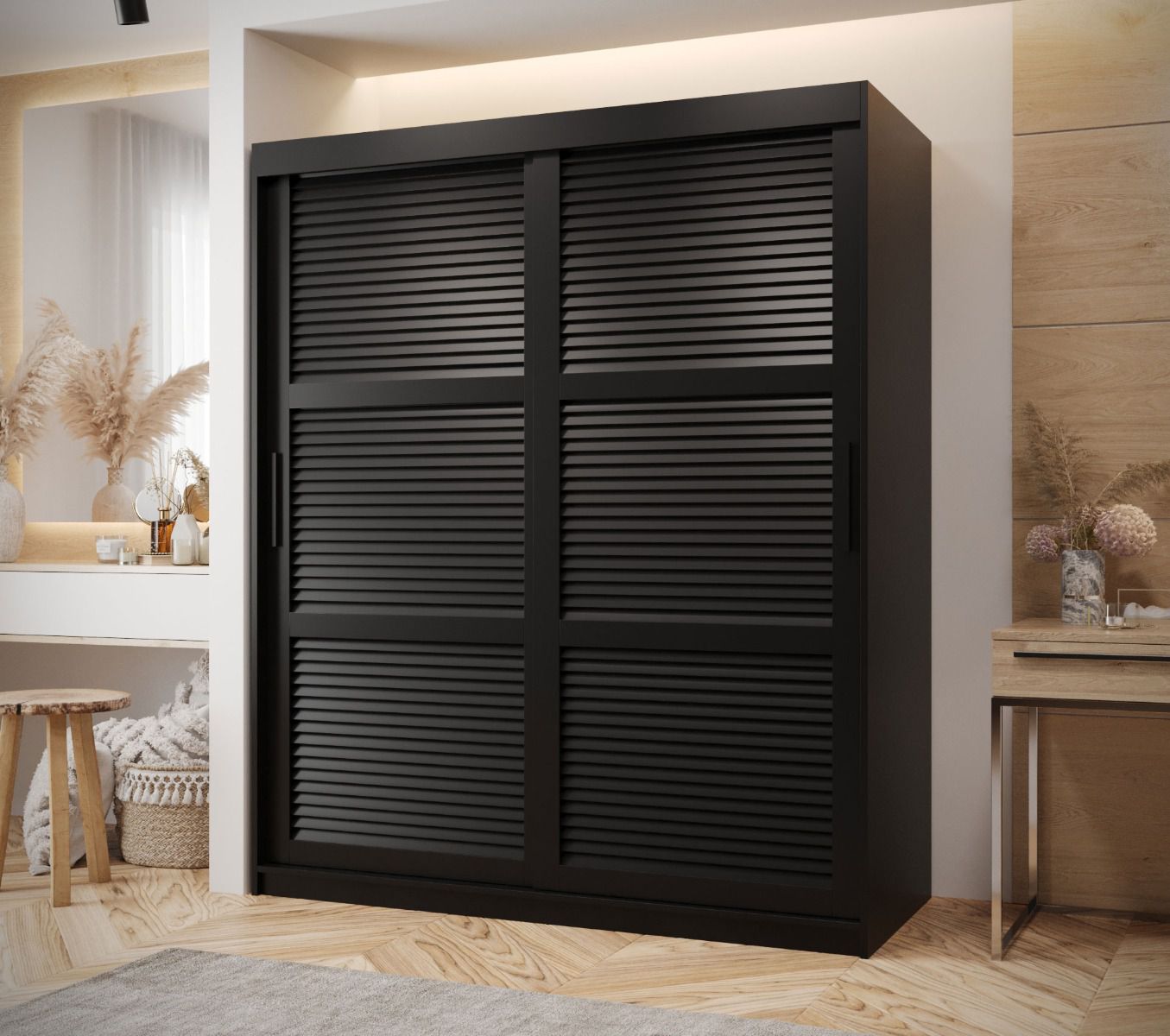 Schiebetürenschrank / Kleiderschrank mit edlen Design Täschhorn 06, Schwarz Matt , Maße: 200 x 150 x 62 cm, Griffe: Schwarz, mit Führungen aus Aluminium