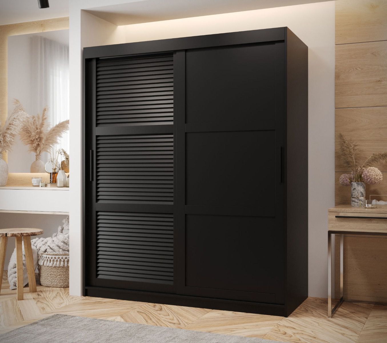 Schiebetürenschrank im eleganten Design Täschhorn 18, Griffe: Schwarz, 5 Fächer, Schwarz Matt, Maße: 200 x 150 x 62 cm, Führungen aus Aluminium