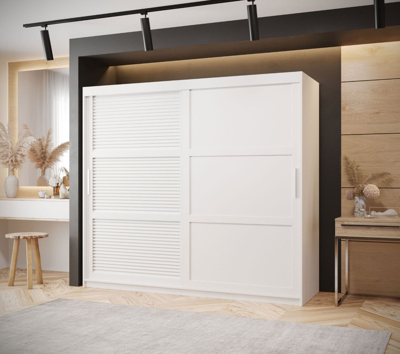 Kleiderschrank im schlichten Design Täschhorn 21, genügend Stauraum, Weiß Matt, Maße: 200 x 200 x 62 cm, mit neun Holzeinlegeböden und zwei Kleiderstangen