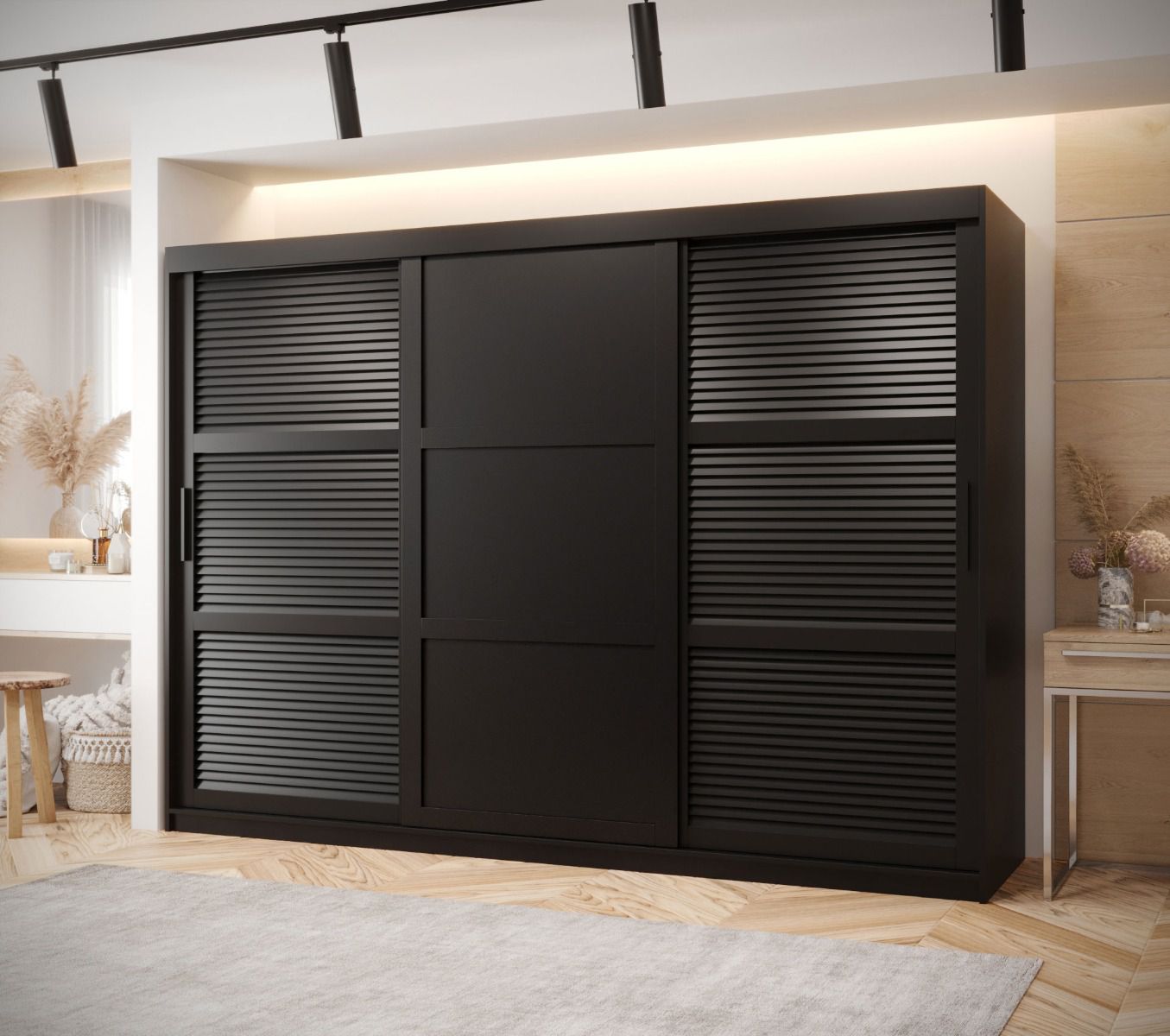 Dunkler Schiebetürenschrank / Kleiderschrank Täschhorn 24, Schwarz Matt, Maße: 200 x 250 x 62 cm, 10 Fächer, Führungen aus Aluminium