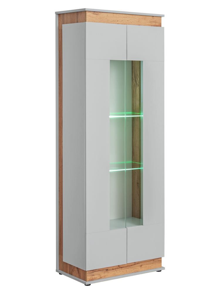 Moderne Vitrine Asheim 02 mit LED Beleuchtung, Farbe: Grau / Eiche Artisan, 191 x 70 x 40 cm, 2 Türen mit Klarglas, 5 Fächer, 2 Glaseinlegeböden