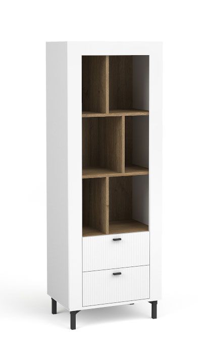 Modernes Regal / Bücherregal mit vielen Fächern Barbe 10, mit zwei Schubladen, ABS, Farbe: Weiß matt / Eiche, Maße: 168,5 x 60 x 40 cm, sehr robust und langlebig 