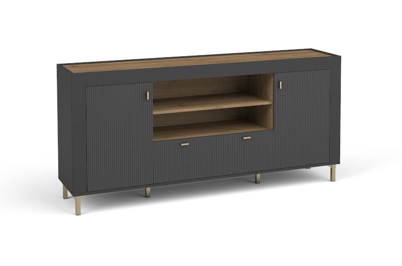 Stylisches Sideboard / Kommode mit genügend Fächer Barbe 20, ABS-Kantenschutz, Griffe: Gold, eine Schubladen, sechs Fächer, Farbe: Schwarz matt, zwei Türen, Maße: 83,5 x 177 x 40 cm, modernes Design