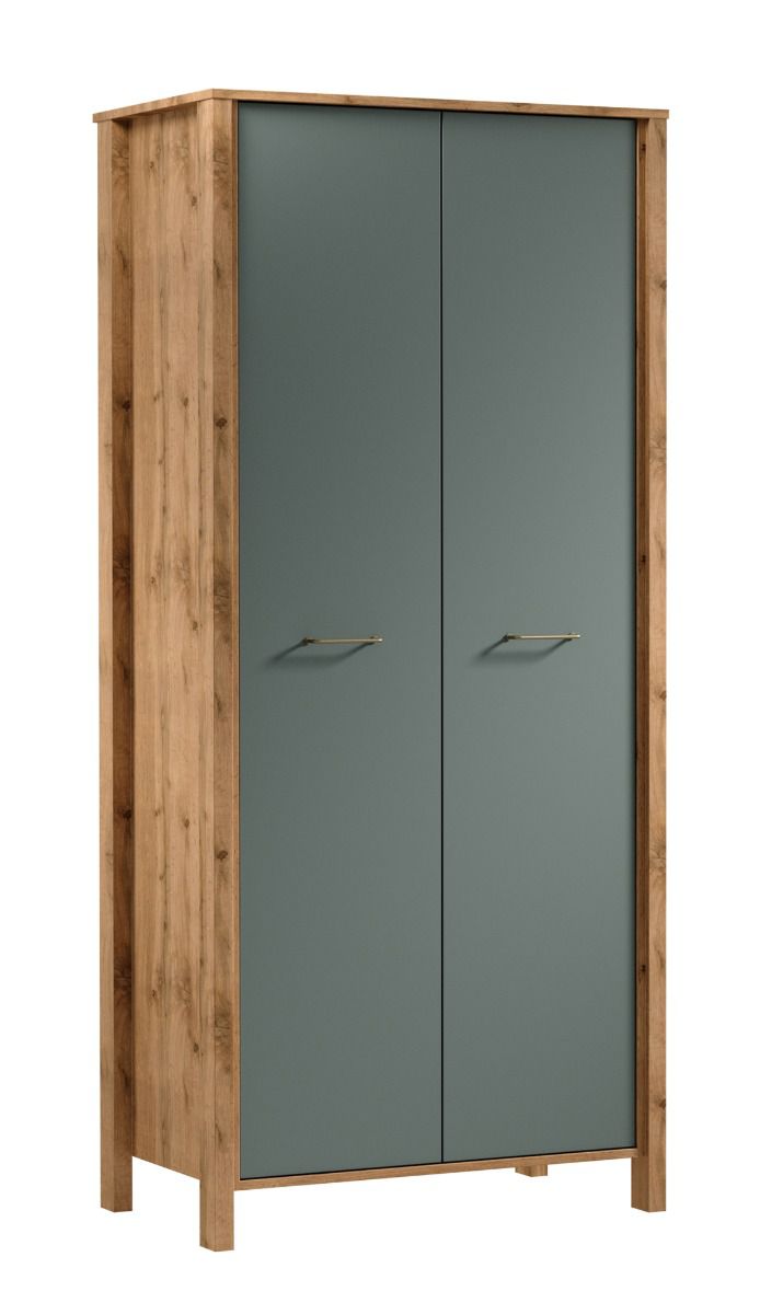 Kleiderschrank Braianik 28, Eiche Wotan / Grün, 200 x 90 x 53 cm mit 1 Kleiderstange, 2 Türen, 2 Einlegeböden, 2 Fächer, Füße: 36 mm dick, ABS