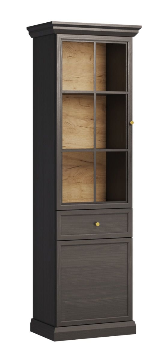 Vitrine Torsakala 20 inklusive LED-Beleuchtung, 200 x 63 x 41 cm, 1 Schublade, 1 Holztür, 1 Glastür, 5 Fächer, Schwarz Graphit, Griffe aus Metall