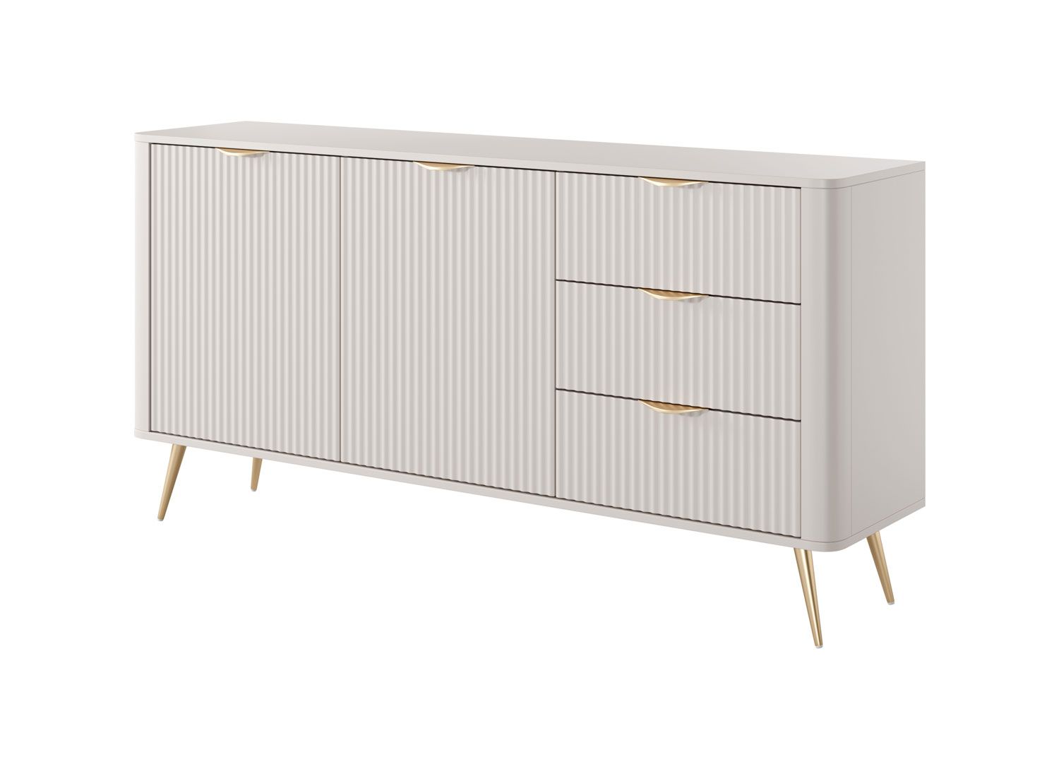 Langes Sideboard mit genügend Stauraum Sloughia 03, Farbe: Beige, drei Schubladen, vier Fächer, Maße: 81 x 163 x 38 cm, Griffe & Beine: Metall