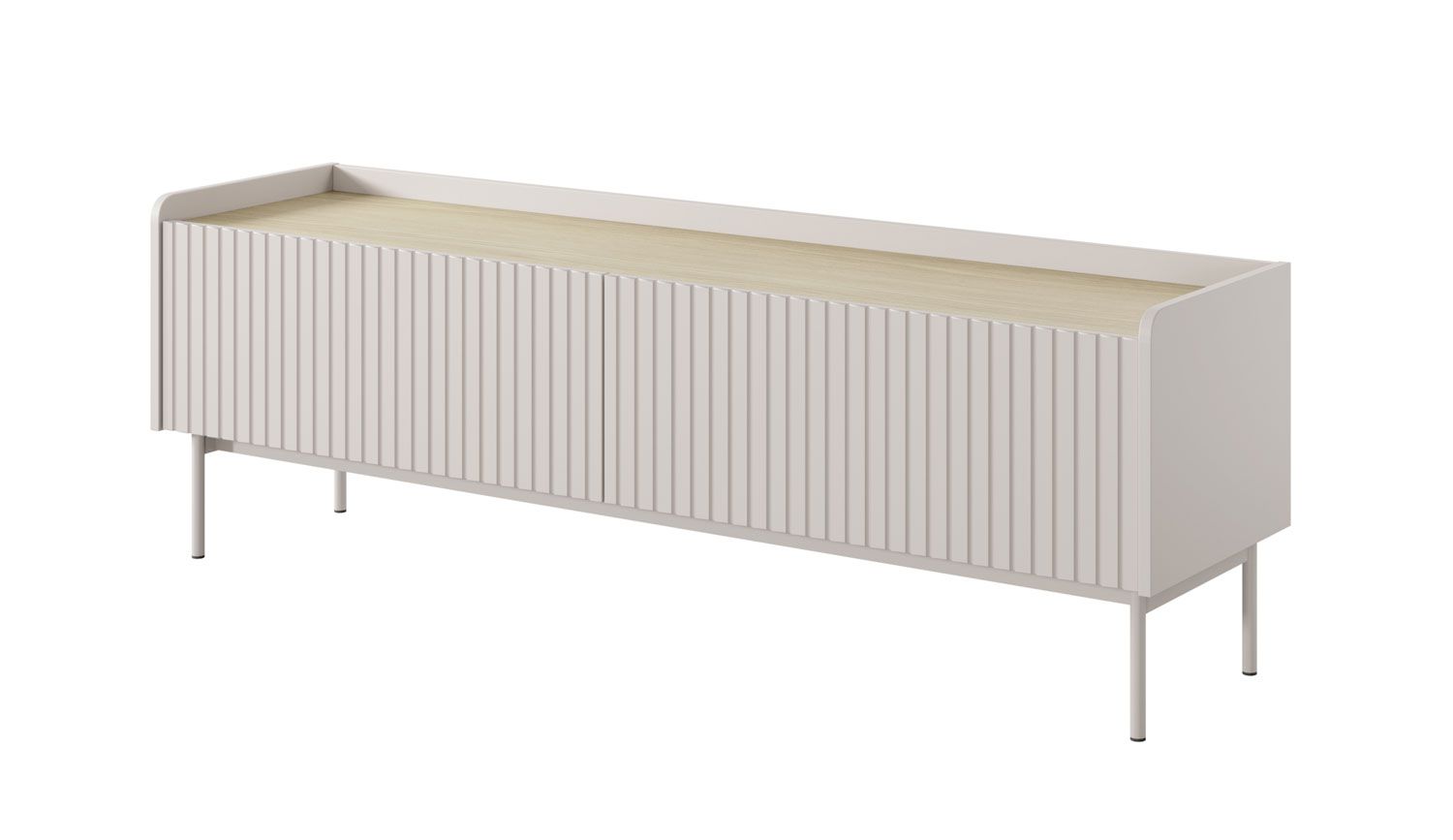 TV-Möbel / TV-Unterschrank mit Push-to-open Skhira 04, Farbe: Beige / Eiche Scandi, zwei Türen, Maße: 50 x 153 x 38 cm, zwei Fächer, ABS-Kantenschutz