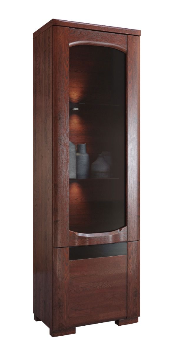 Schmale Vitrine mit LED-Beleuchtung Krasno 02, Eiche Massivholz, Türanschlag Links, fünf Fächer, Maße: 193 x 61 x 45 cm, mit Push-to-open Funktion