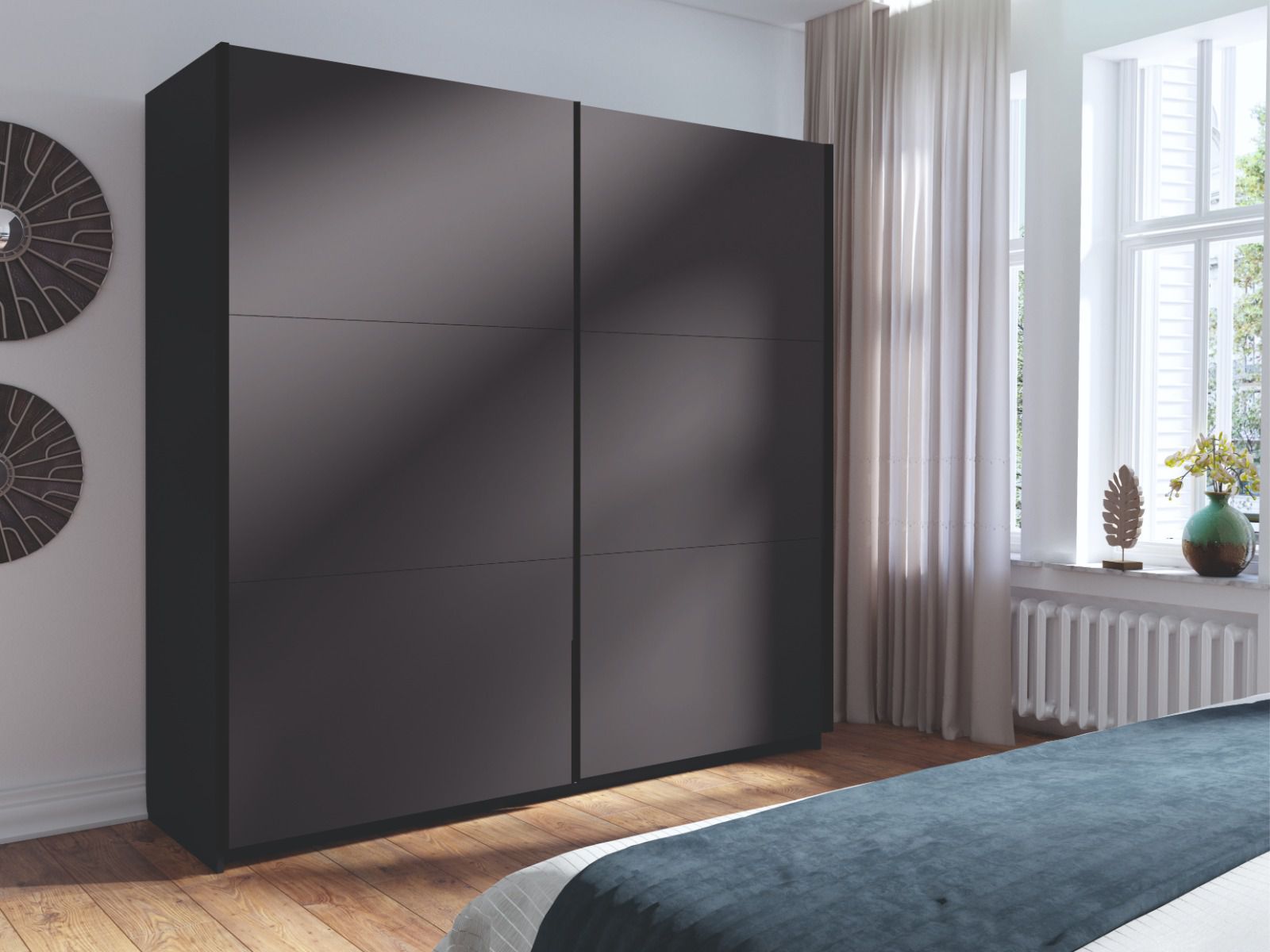 Schiebetürenschrank Lamia, 2 Meter breit, 1 Kleiderstange, 6 Fächer, grafitfarben segmentiert, für Schlafzimmer, Kleiderschrank, elegantes Design