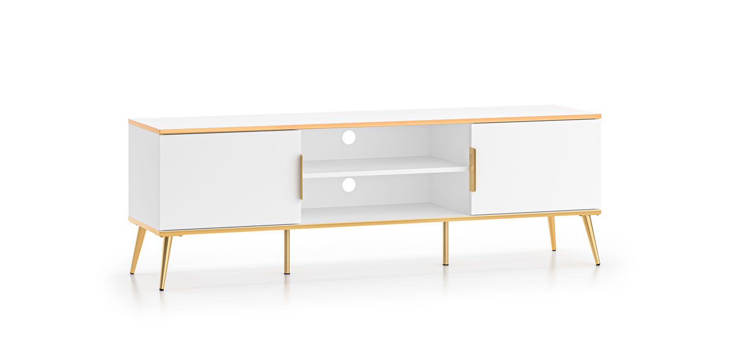 TV-Schrank / TV-Bank mit Soft-Close Funktion für Wohnzimmer Breckenridge 06, Beine & Griffe: Gold, sehr gut Kombinierbar, Farbe: Weiß, Maße: 53 x 160 x 40 cm, mit zwei Türen und vier Fächer