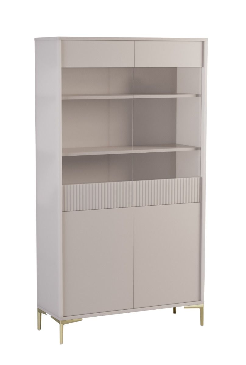 Beige Vitrine Chabrey 05 mit 5 Fächern - 187 x 103 x 38 cm, 3 Einlegeböden, 2 Türen mit Glas, push-to-open System, für Wohnzimmer, goldfarbene Füße 