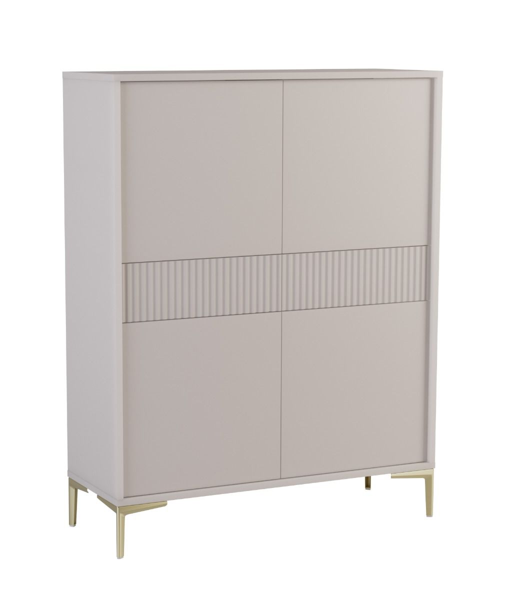 Moderne Kommode Chabrey 06, Farbe: Beige, 133 x 103 x 38, Füße aus Metall in der Farbe Gold, 2 Schubladen mit geriffelter Front, 8 Fächer, 4 Türen