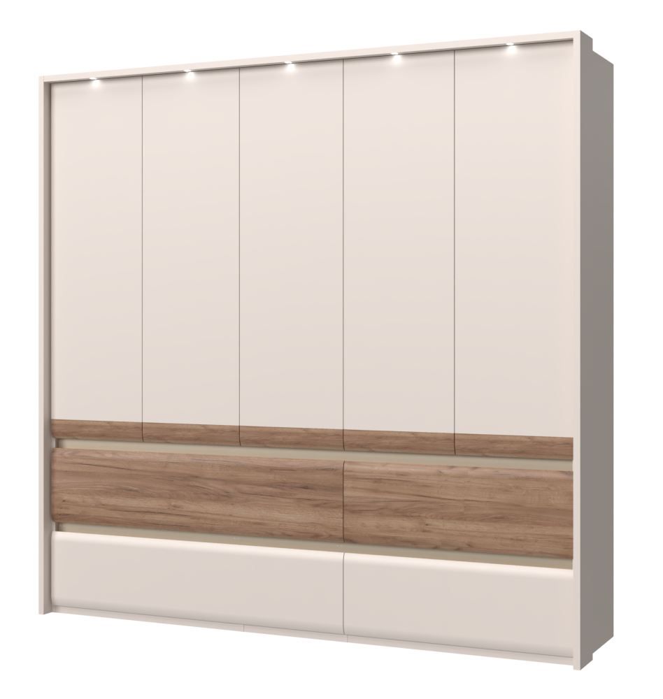 Kleiderschrank mit 5 Türen Papauta 08, Farbe: Kaschmir / Eiche dunkel - Abmessungen: 226 x 232 x 60 cm (H x B x T)