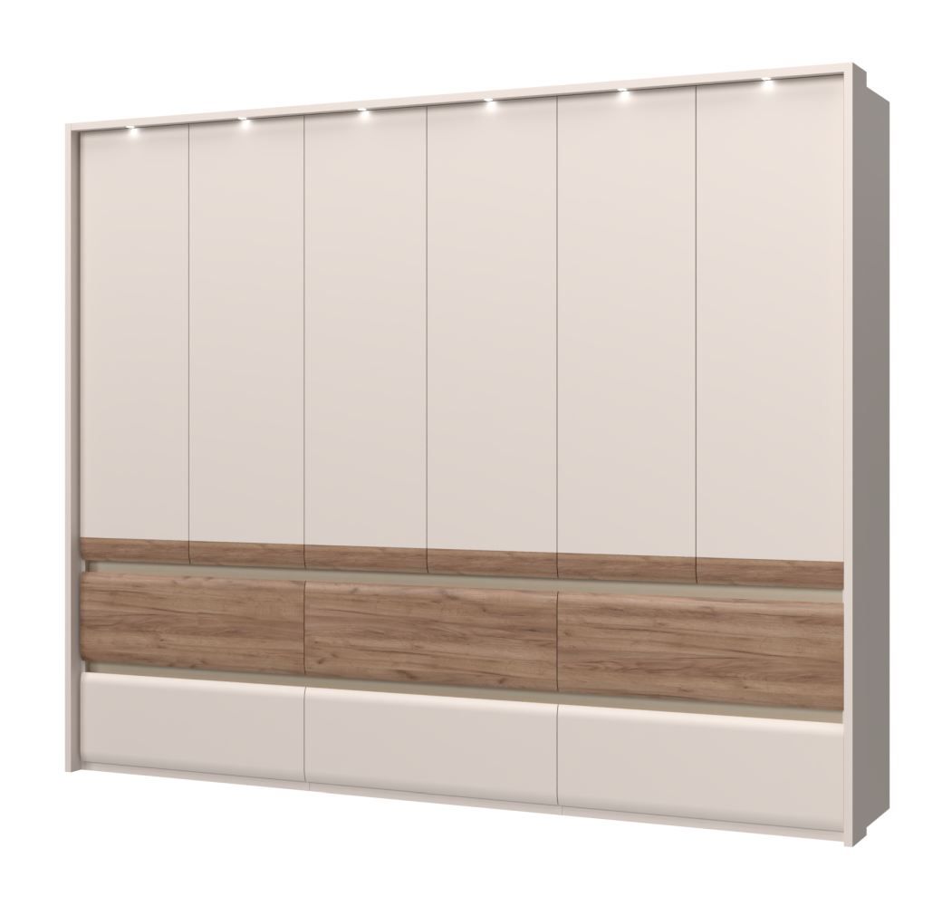 Kleiderschrank mit 6 Türen Papauta 12, Farbe: Kaschmir / Eiche dunkel - Abmessungen: 226 x 277 x 60 cm (H x B x T)