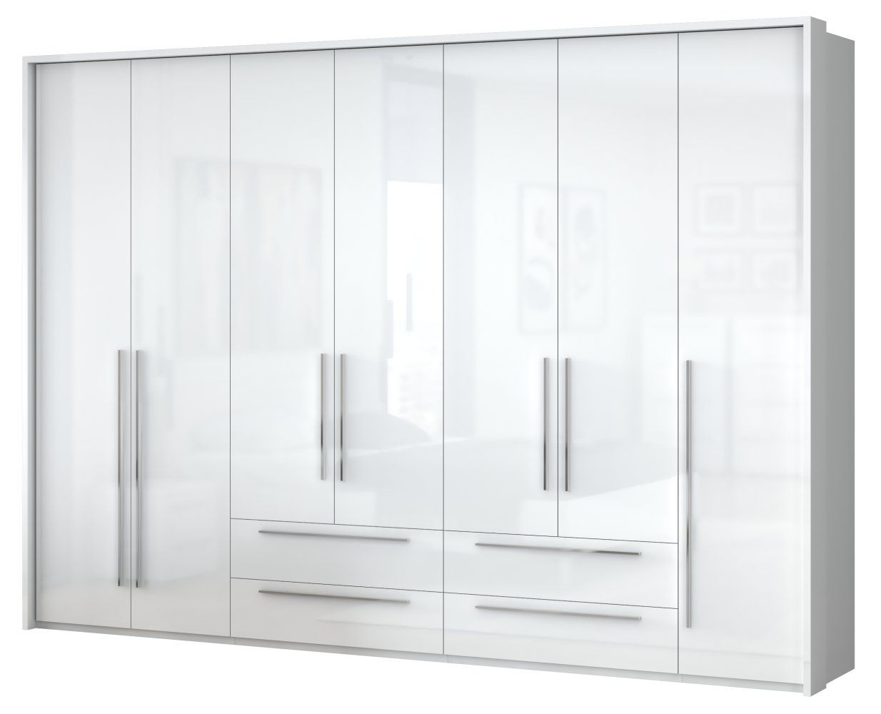 Drehtürenschrank / Kleiderschrank mit LED-Rahmen Siumu 38, Farbe: Weiß / Weiß Hochglanz - 226 x 322 x 60 cm (H x B x T)