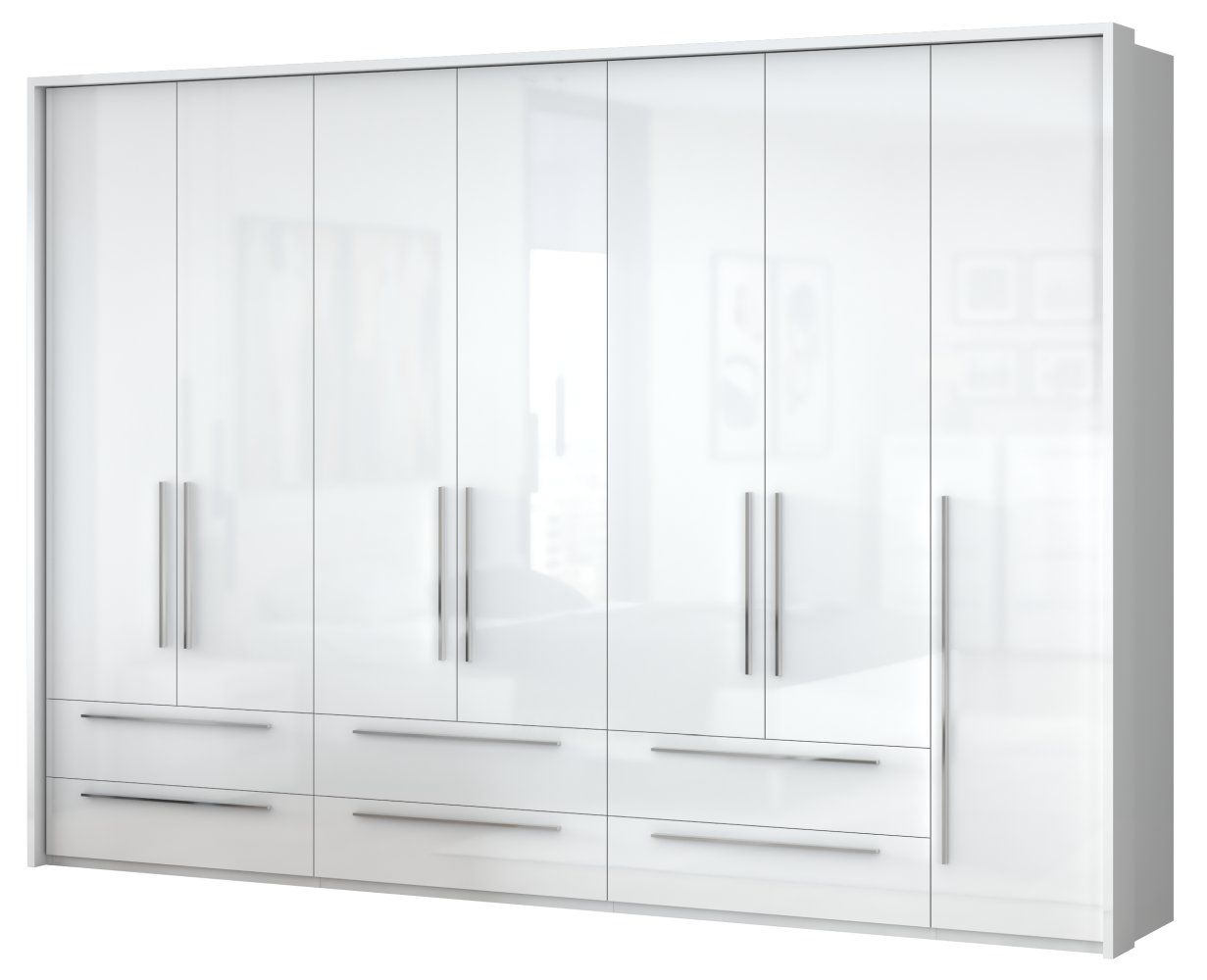 Drehtürenschrank / Kleiderschrank mit Rahmen Siumu 39, Farbe: Weiß / Weiß Hochglanz - 226 x 322 x 60 cm (H x B x T)