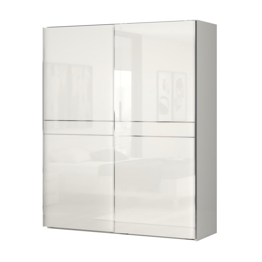 Schwebetürenschrank / Kleiderschrank Siumu 05, Farbe: Beige / Beige Hochglanz - 224 x 182 x 61 cm (H x B x T)