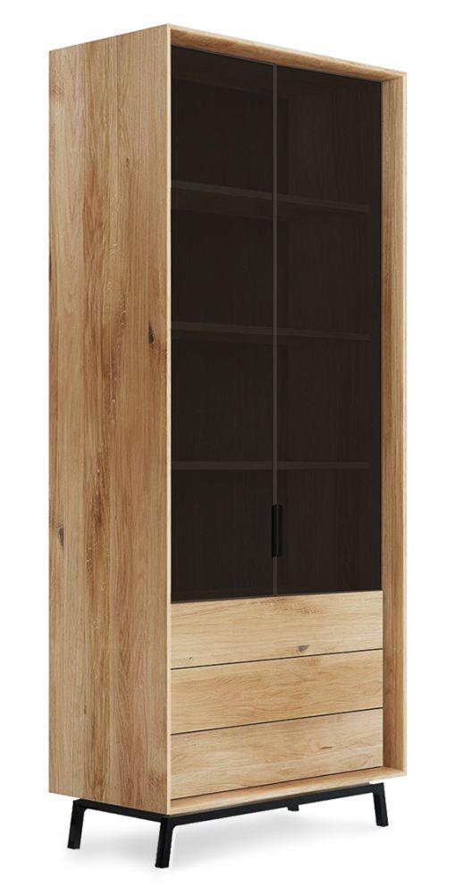 Vitrine Salleron 08, Wildeiche massiv geölt, Farbe: Natur / Schwarz - Abmessungen: 185 x 100 x 45 cm (H x B x T)