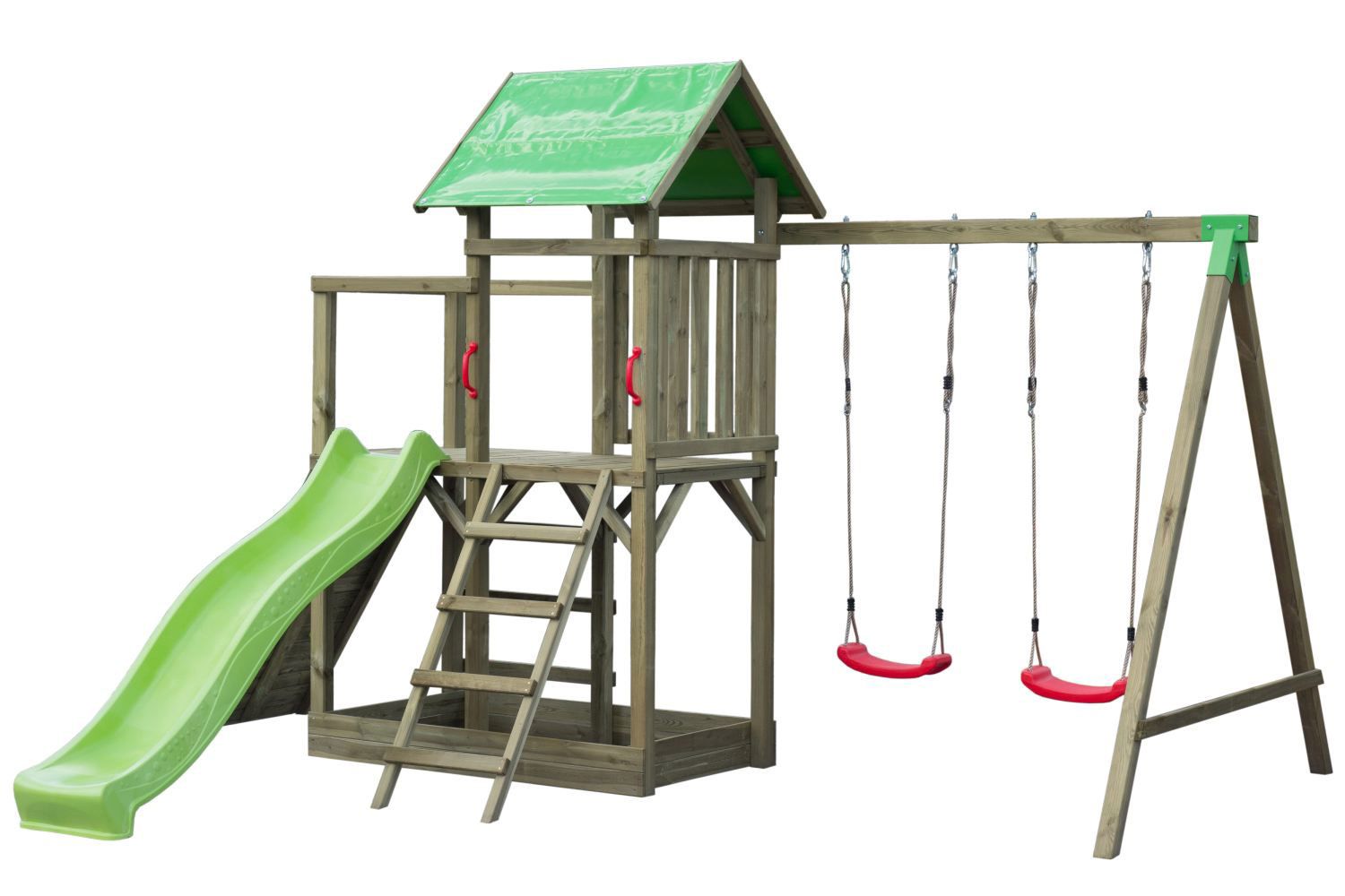 Spielturm S15 inkl. Wellenrutsche, Doppelschaukel-Anbau, Balkon, Sandkasten, Kletterwand und Holzleiter - Abmessungen: 430 x 380 cm (B x T)