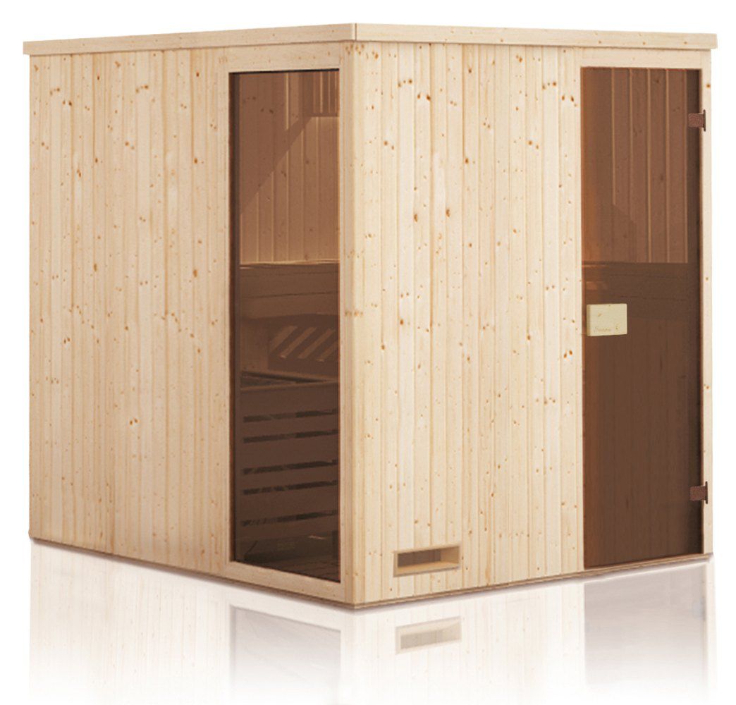 Elementsauna Kawir 68 mm mit 1 Sichtfenster und Dachkranz - Außenmaße (B x T x H): 194 x 144 x 199 cm