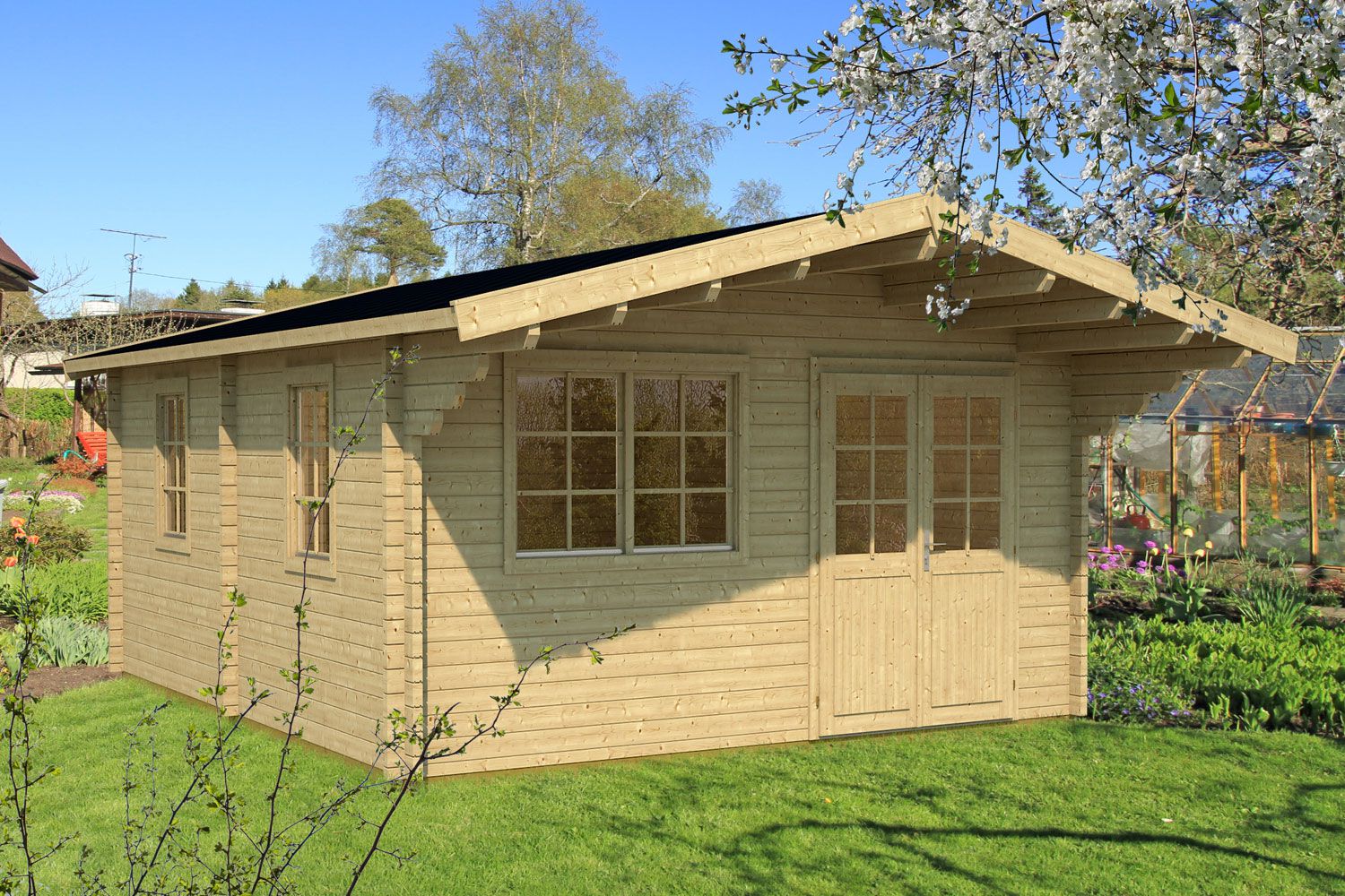 Gartenhaus Schatzbichl 04 inkl. Fußboden - 70 mm Blockbohlenhaus, Grundfläche: 27,6 m², Satteldach