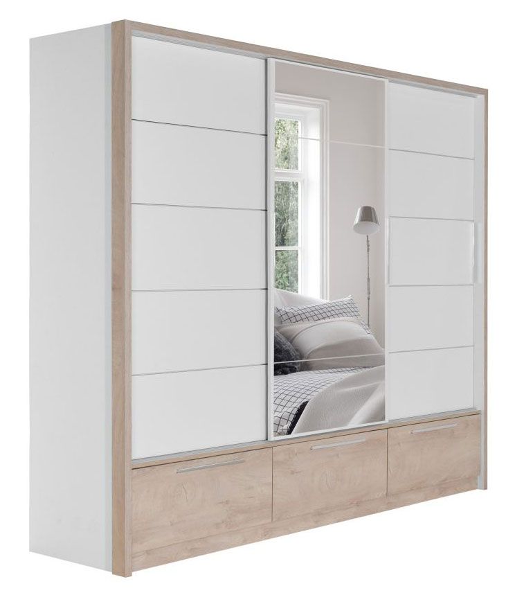 Schiebetürenschrank / Kleiderschrank Cerdanyola 07, Farbe: Eiche / Weiß - Abmessungen: 222 x 269 x 64 cm (H x B x T)