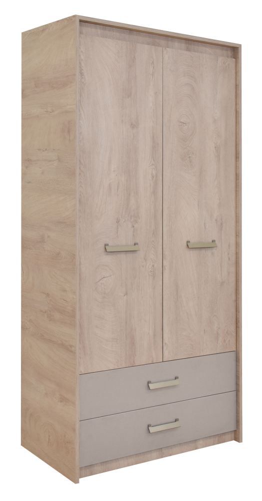 Kinderzimmer - Drehtürenschrank / Kleiderschrank Koa 02, Farbe: Eiche / Beige - Abmessungen: 203 x 96 x 52 cm (H x B x T)