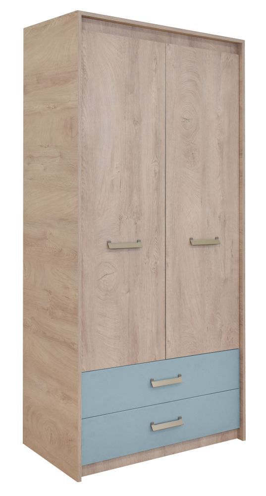 Kinderzimmer - Drehtürenschrank / Kleiderschrank Koa 02, Farbe: Eiche / Blau - Abmessungen: 203 x 96 x 52 cm (H x B x T)