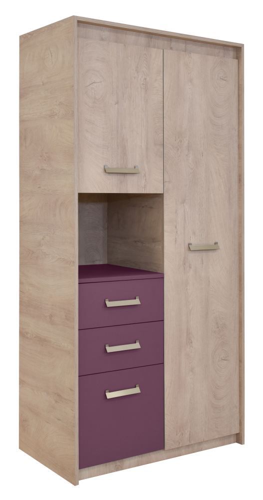 Kinderzimmer - Schrank Koa 05, Farbe: Eiche / Violett - Abmessungen: 203 x 96 x 52 cm (H x B x T)