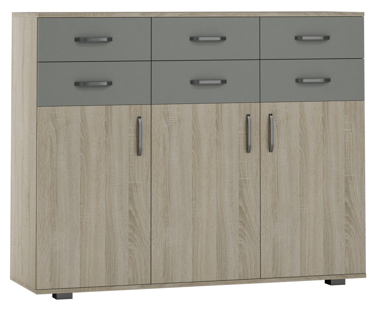 Kommode Ciomas 03, Farbe: Sonoma Eiche / Grau - Abmessungen: 104 x 130 x 40 cm (H x B x T)