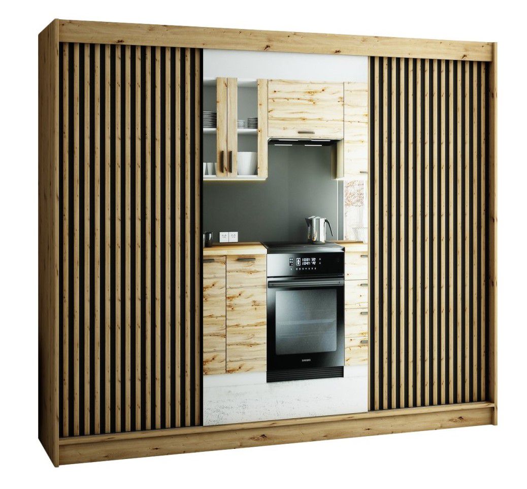 Schiebetürenschrank / Kleiderschrank Borgis 06C mit Spiegel, Farbe: Eiche Artisan / Schwarz matt - Abmessungen: 200 x 250 x 62 cm (H x B x T)