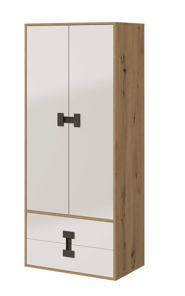 Jugendzimmer - Drehtürenschrank / Kleiderschrank Garian 01, Farbe: Eiche / Weiß / Grau - Abmessungen: 191 x 80 x 50 cm (H x B x T)