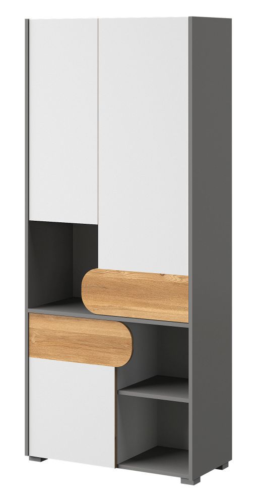 Jugendzimmer - Drehtürenschrank / Kleiderschrank Klemens 02, Farbe: Grau / Weiß / Eiche - Abmessungen: 190 x 80 x 38 cm (H x B x T)