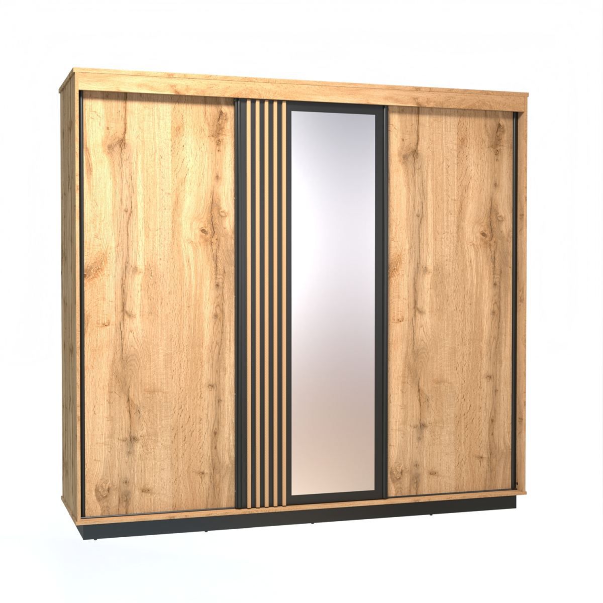 Schiebetürenschrank / Kleiderschrank Trevalli 19, Farbe: Eiche / Schwarz - Abmessungen: 224 x 240 x 66 cm (H x B x T)