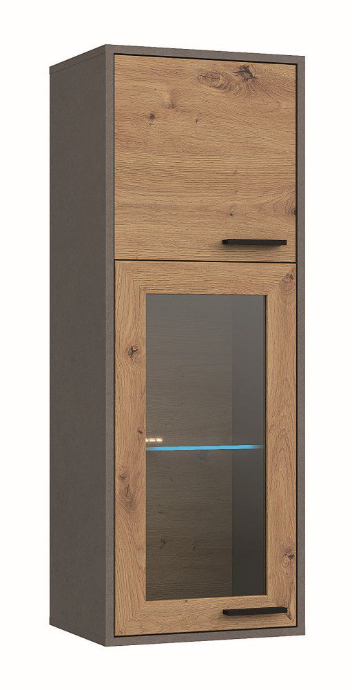 Hängevitrine Rigi 09 mit Glastür in Holz eingefasst, Farbe: Eiche / Grau - 109 x 40 x 32 cm (H x B x T), 1 Glaseinlegeboden, ABS Kanten