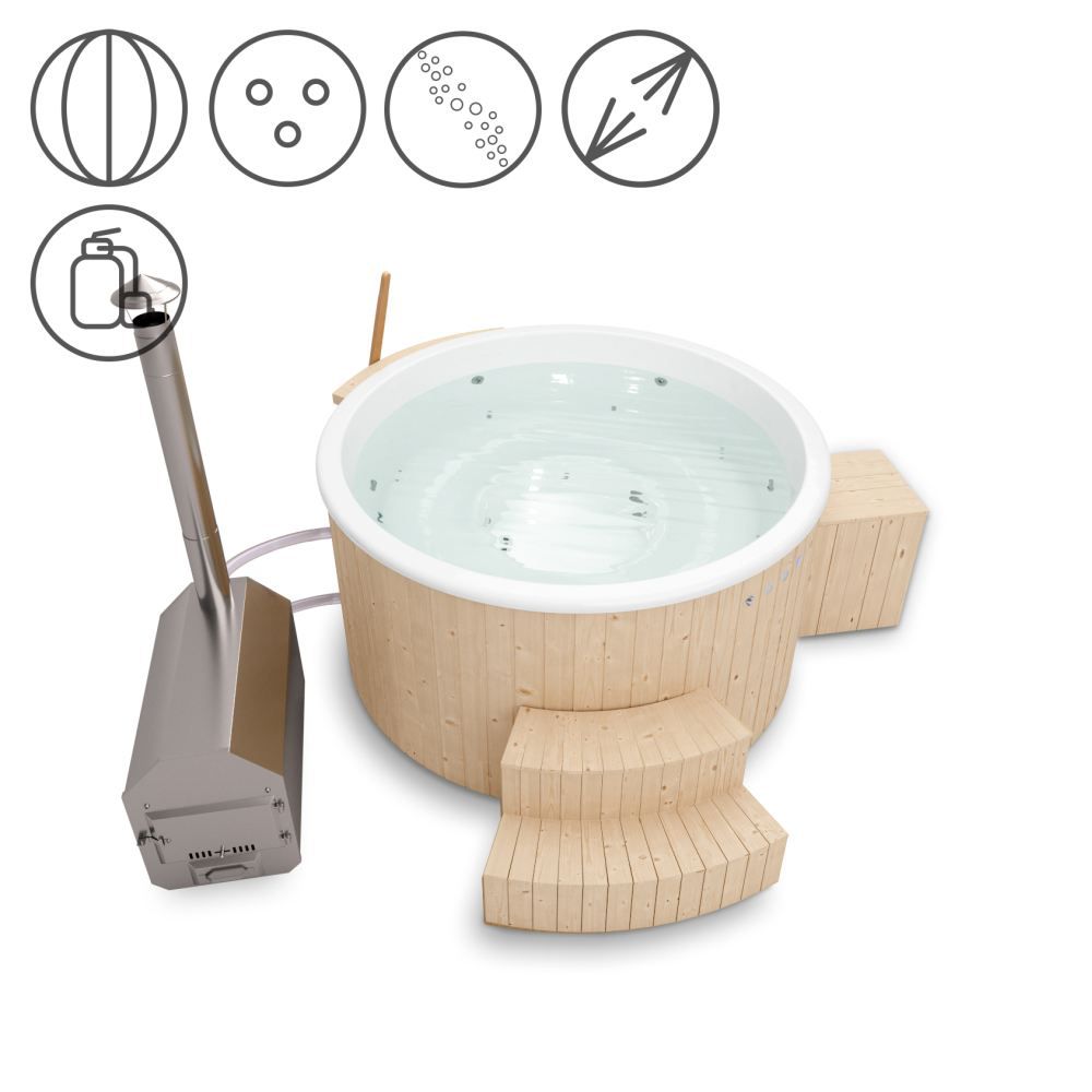 Hot Tub 01 aus Fichtenholz geeignet für 4-6 Personen, Thermodeckel, Kombimassagedüsen, Sandfilter, Holzbox und Wärmedämmung, Weiß, mit LED-Beleuchtung