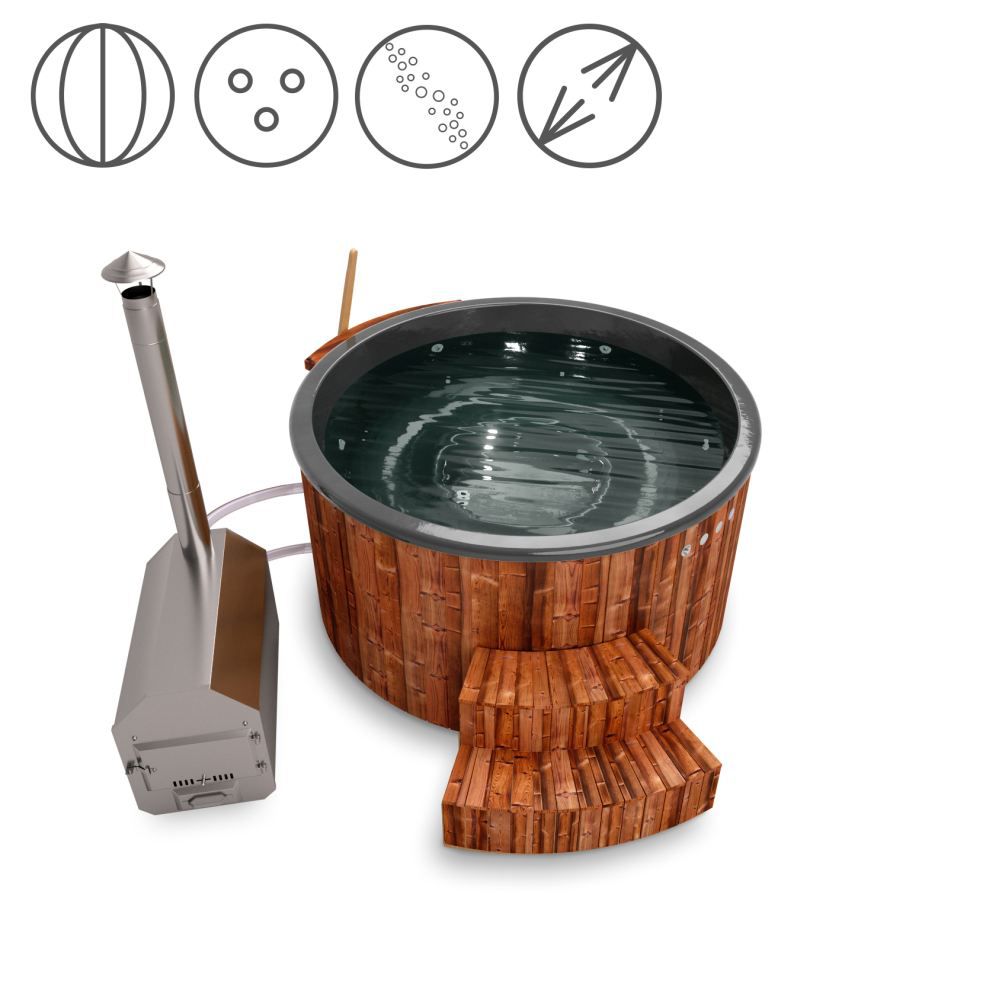 Hot Tub 01 aus Thermoholz mit LED-Beleuchtung, Thermodeckel, Kombimassagedüsen und Wärmedämmung, Wanne: Anthrazit, Innendurchmesser: 180 cm