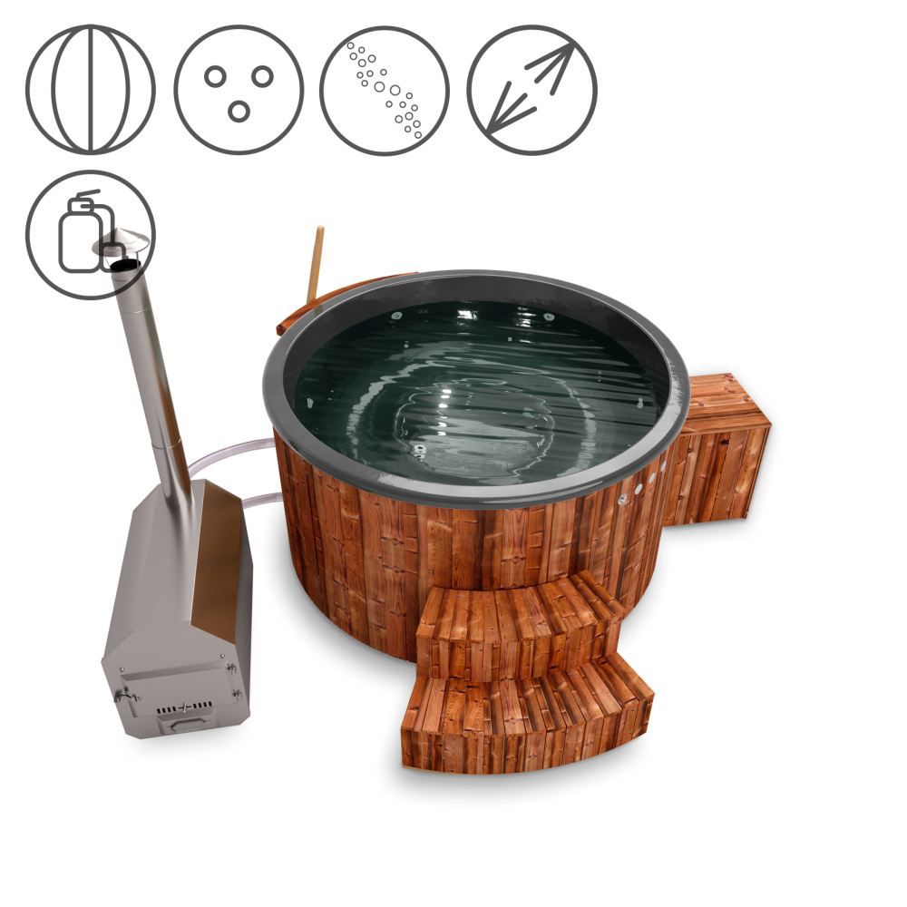 Hot Tub 01 aus Thermoholz mit LED-Beleuchtung, Thermodeckel, Kombimassagedüsen, Sandfilter, Holzbox und Wärmedämmung, Wanne: Anthrazit, Innendurchmesser: 180 cm