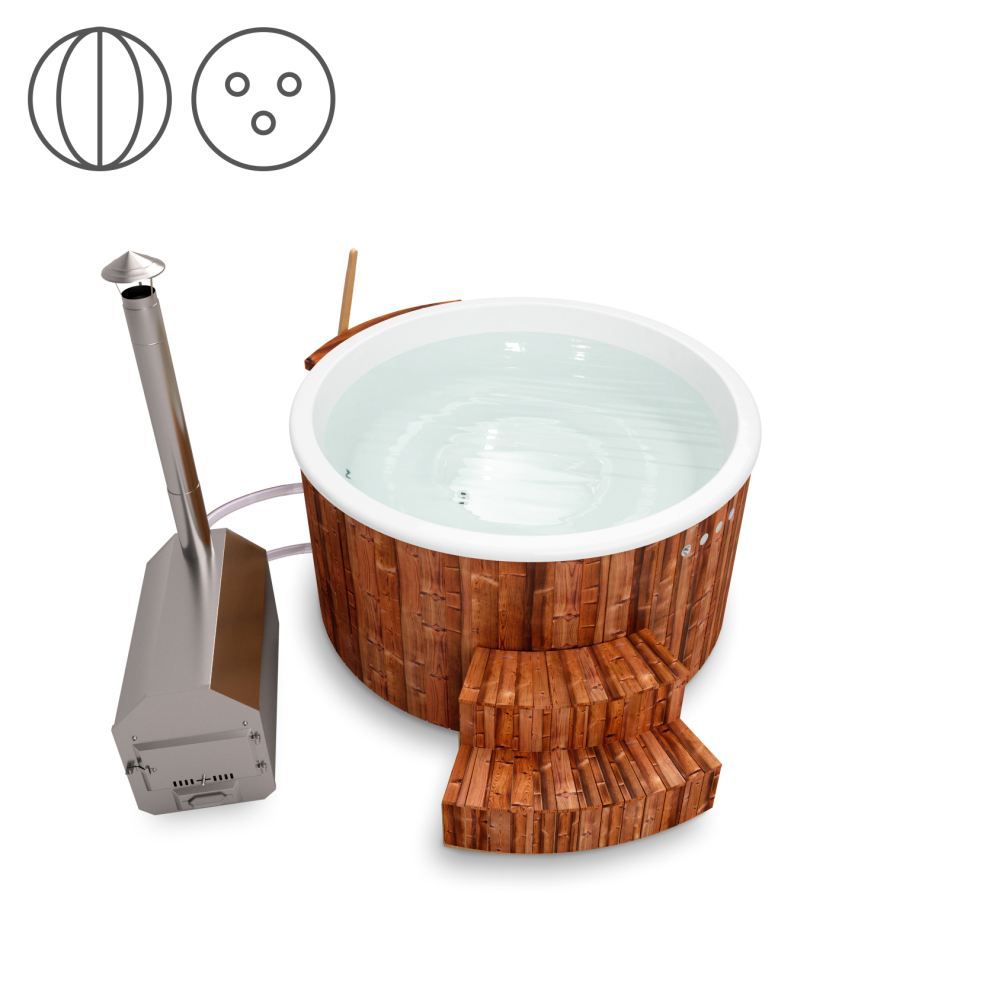 Hot Tub 01 aus Thermoholz mit LED-Beleuchtung, Thermodeckel und Wärmedämmung, Wanne: Weiß, Innendurchmesser: 180 cm