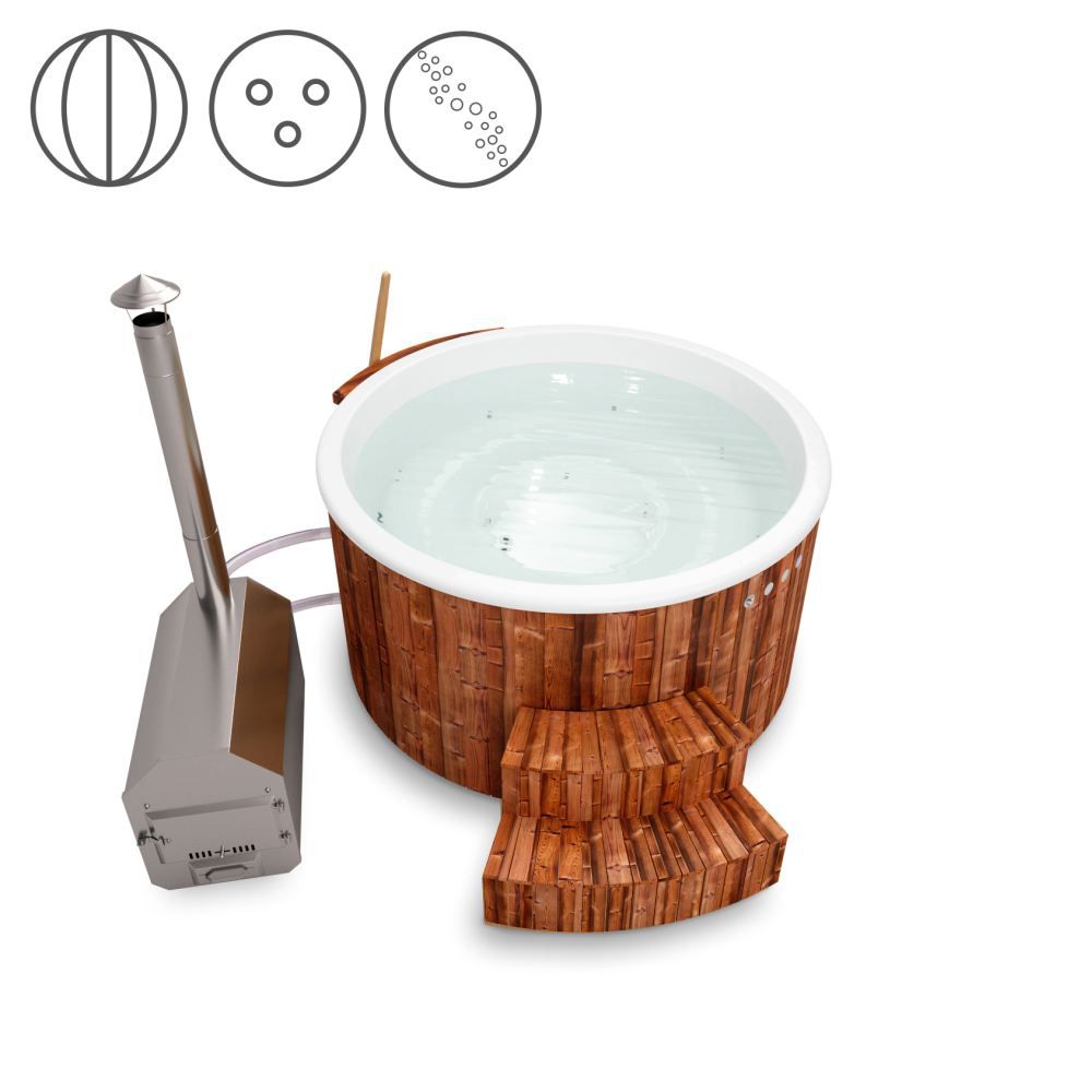 Hot Tub 01 aus Thermoholz mit LED-Beleuchtung, Thermodeckel, Luftmassagedüsen und Wärmedämmung, Wanne: Weiß, Innendurchmesser: 180 cm