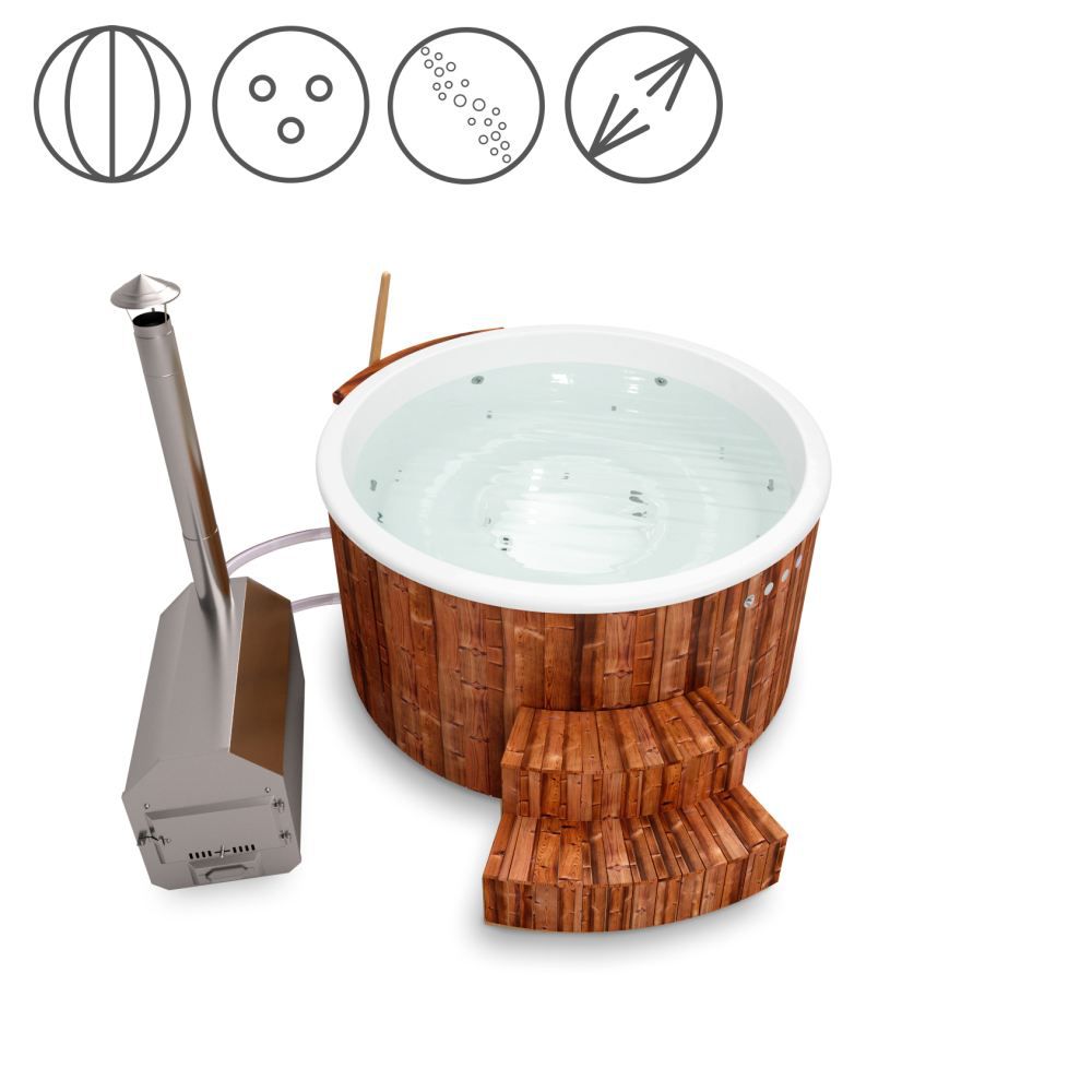 Hot Tub 01 aus Thermoholz mit LED-Beleuchtung, Thermodeckel, Kombimassagedüsen und Wärmedämmung, Wanne: Weiß, Innendurchmesser: 180 cm